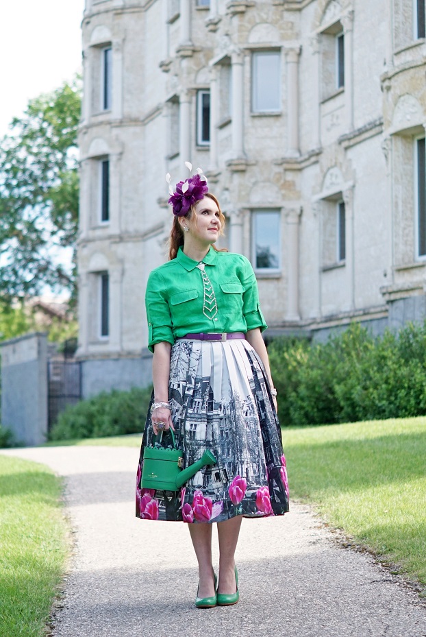 Winnipeg Canadian Style Consultant Stylist blog, Chicwish tulip town contrast print pleated midi skirt, Calvin Klein kelly green linen blouse Burling Coat factory, Kate Spade green leather spring forward watering can bag purse, La Senza crystal neck tie, Jacques Vert plum feather fascinator, Chie Mihara Oki leather green checker board pumps shoes